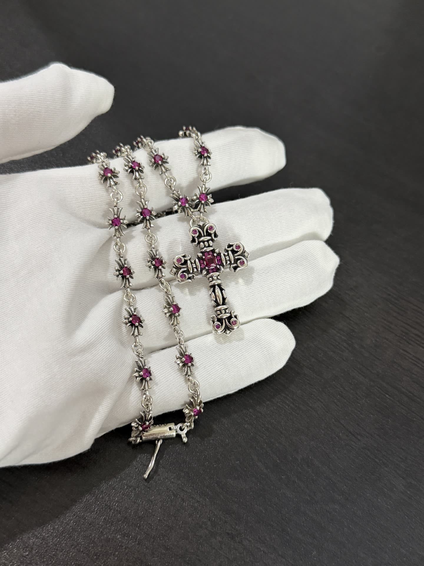 Chrome Hearts Silver Cross Pendant with Pink Stones